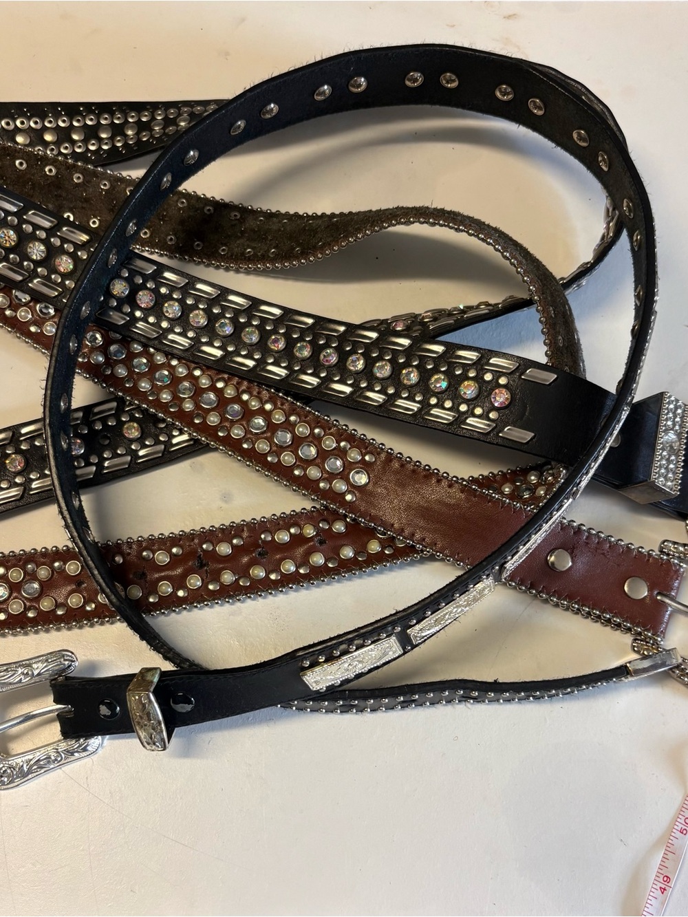 Studded Rhinestone Women's Leather Belt - Black and Brown